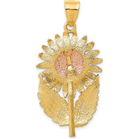 14K Two-Tone Sunflower with Leaves Pendant - Textured and Diamond-Cut Design by Oro Pregiato