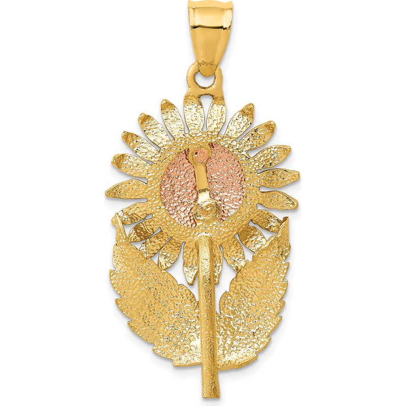 14K Two-Tone Sunflower with Leaves Pendant - Textured and Diamond-Cut Design by Oro Pregiato