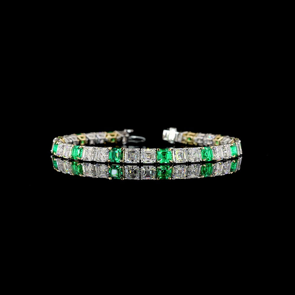 14K Two Tone Tennis Bracelet with Alternating Asscher Cut Lab Diamonds and Emeralds - 12.96 Carat Total Weight - Covaloro Fine Jewelry