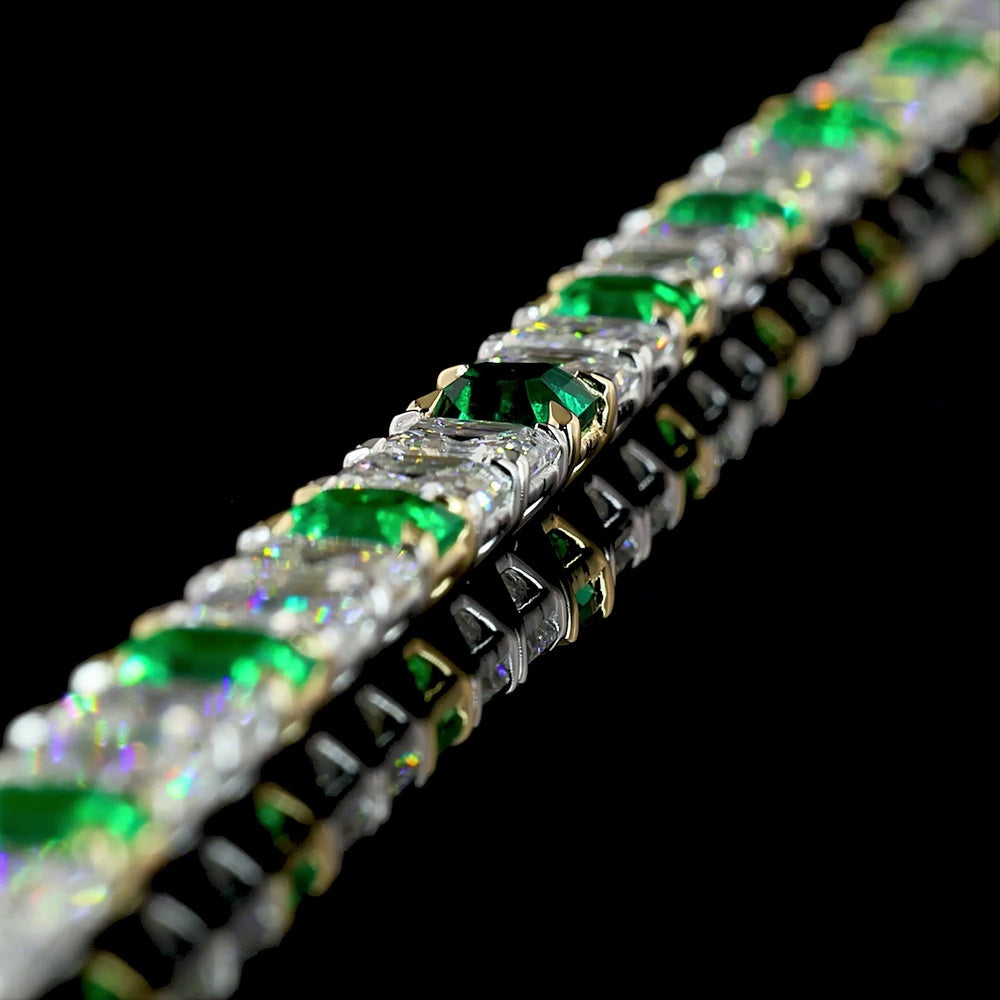 14K Two Tone Tennis Bracelet with Alternating Asscher Cut Lab Diamonds and Emeralds - 12.96 Carat Total Weight - Covaloro Fine Jewelry