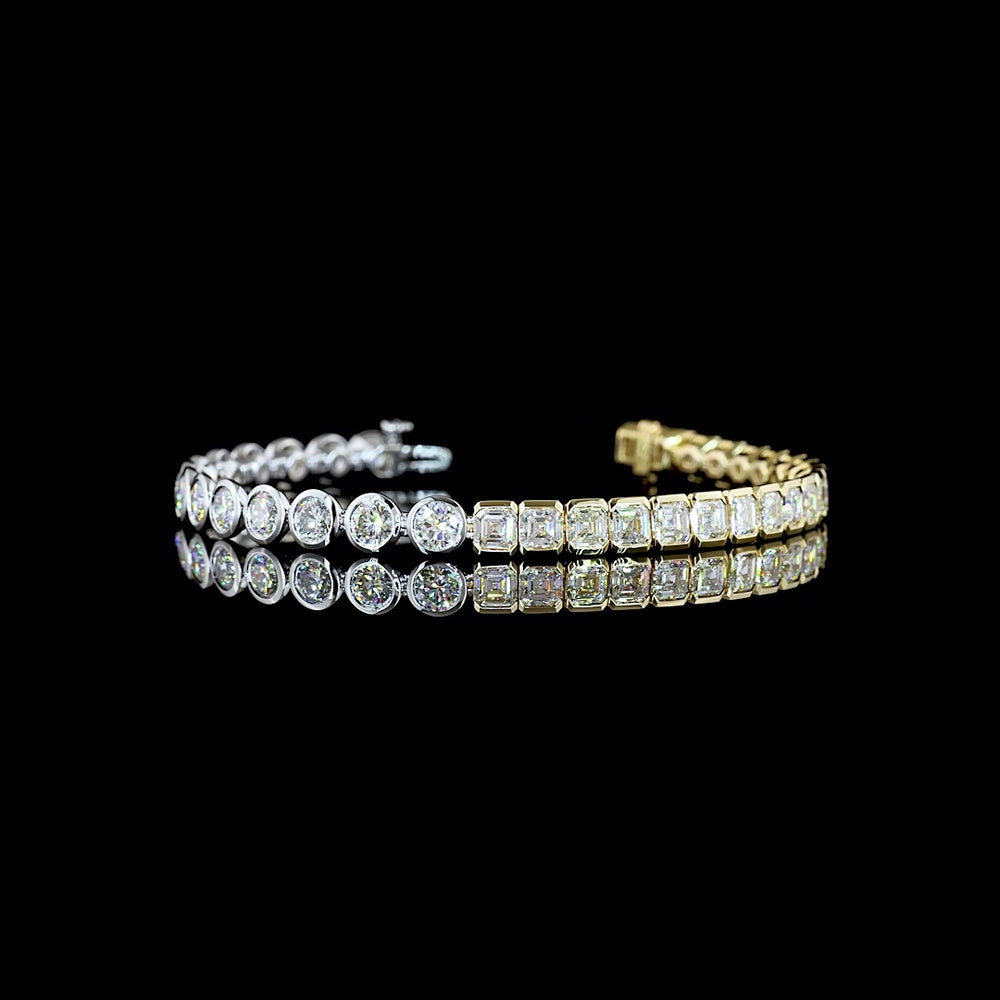 14K Two Tone Tennis Bracelet with Half Bezel Set Asscher Cut Lab Diamonds - 10.83 Carat Total Weight - Covaloro Fine Jewelry