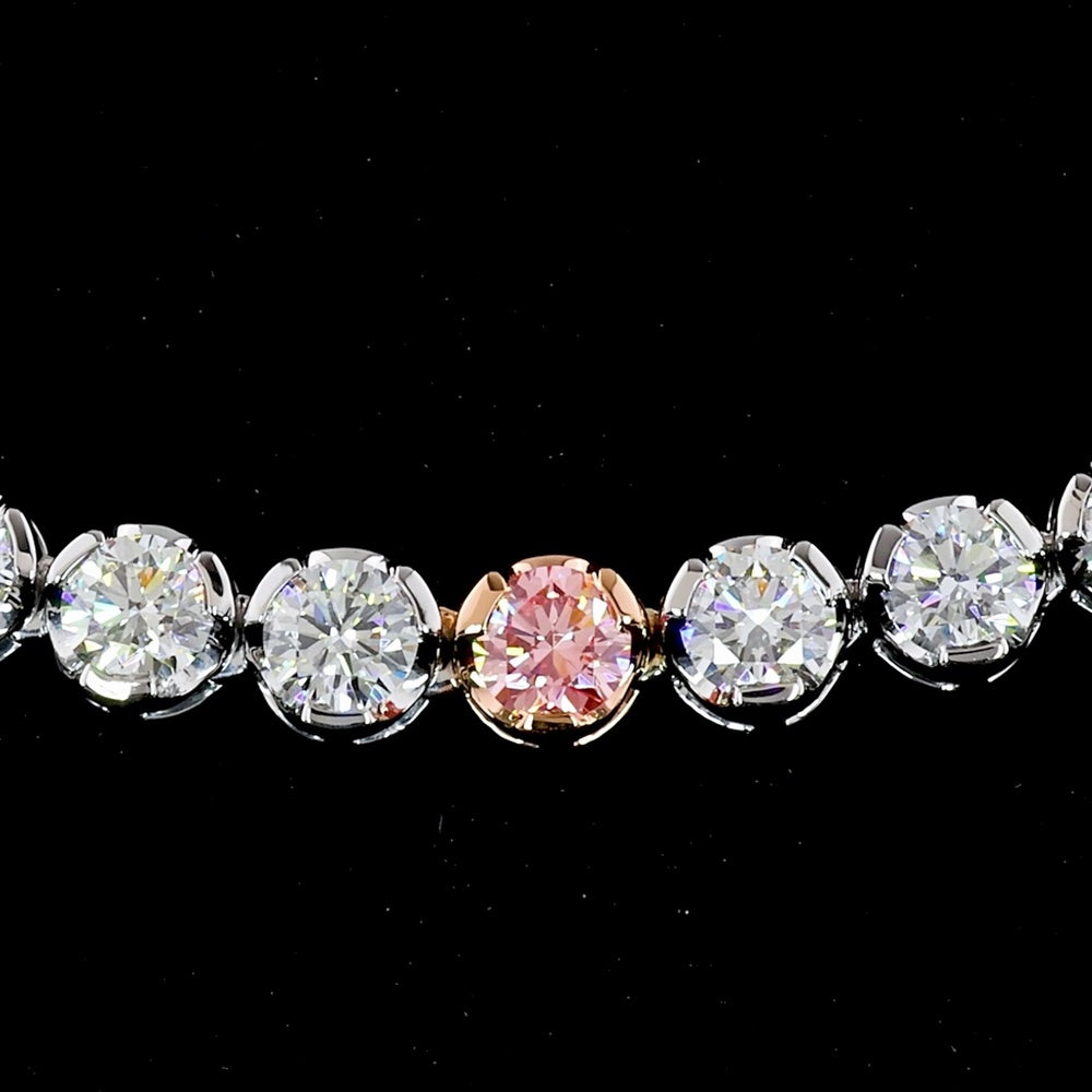 14K Two Tone Tennis Necklace featuring Round Fancy Vivid Pink Lab Diamonds and White Diamonds - 10.73 Carat Total Weight - Covaloro Fine Jewelry
