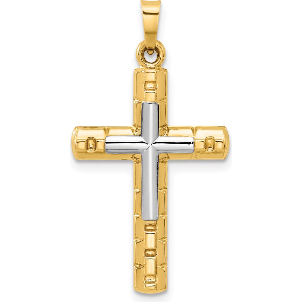 14K Two-Tone Textured and Polished Hollow Latin Cross Pendant by Oro Pregiato