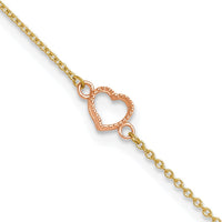14K Two-Tone Textured and Polished Open Heart Anklet with Adjustable 1" Extender - 10" Length