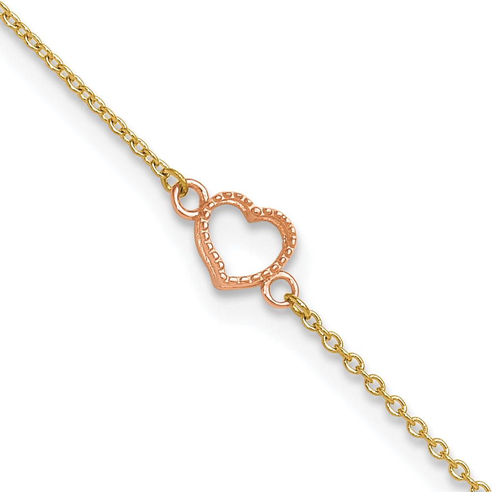 14K Two-Tone Textured and Polished Open Heart Anklet with Adjustable 1" Extender - 10" Length