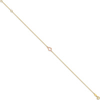 14K Two-Tone Textured and Polished Open Heart Anklet with Adjustable 1" Extender - 10" Length