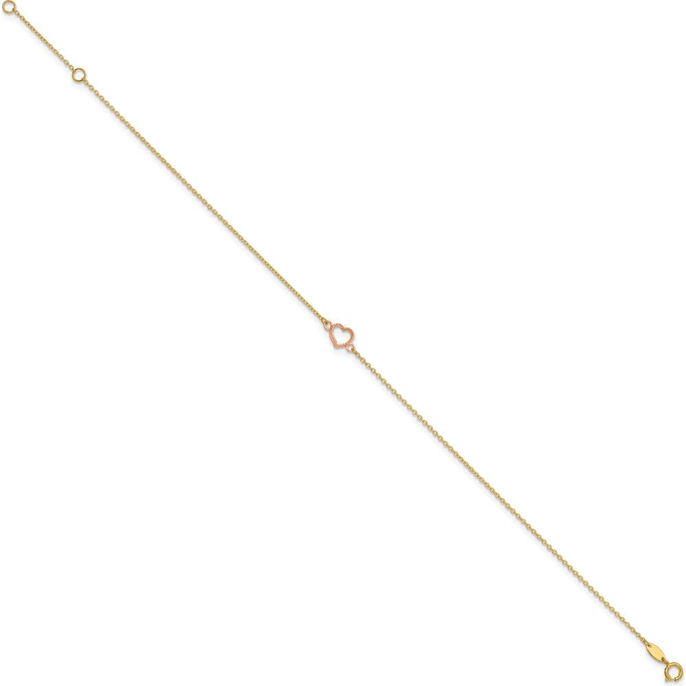 14K Two-Tone Textured and Polished Open Heart Anklet with Adjustable 1" Extender - 10" Length