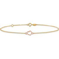 14K Two-Tone Textured and Polished Open Heart Anklet with Adjustable 1" Extender - 10" Length