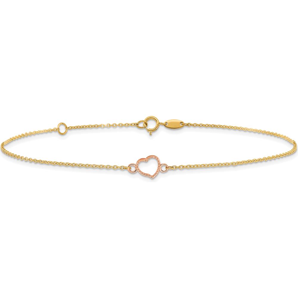 14K Two-Tone Textured and Polished Open Heart Anklet with Adjustable 1" Extender - 10" Length