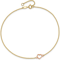 14K Two-Tone Textured and Polished Open Heart Anklet with Adjustable 1" Extender - 10" Length