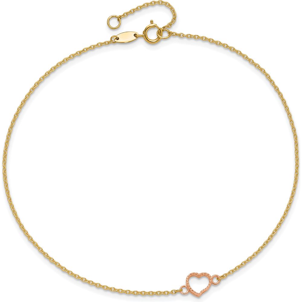 14K Two-Tone Textured and Polished Open Heart Anklet with Adjustable 1" Extender - 10" Length