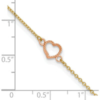 14K Two-Tone Textured and Polished Open Heart Anklet with Adjustable 1" Extender - 10" Length