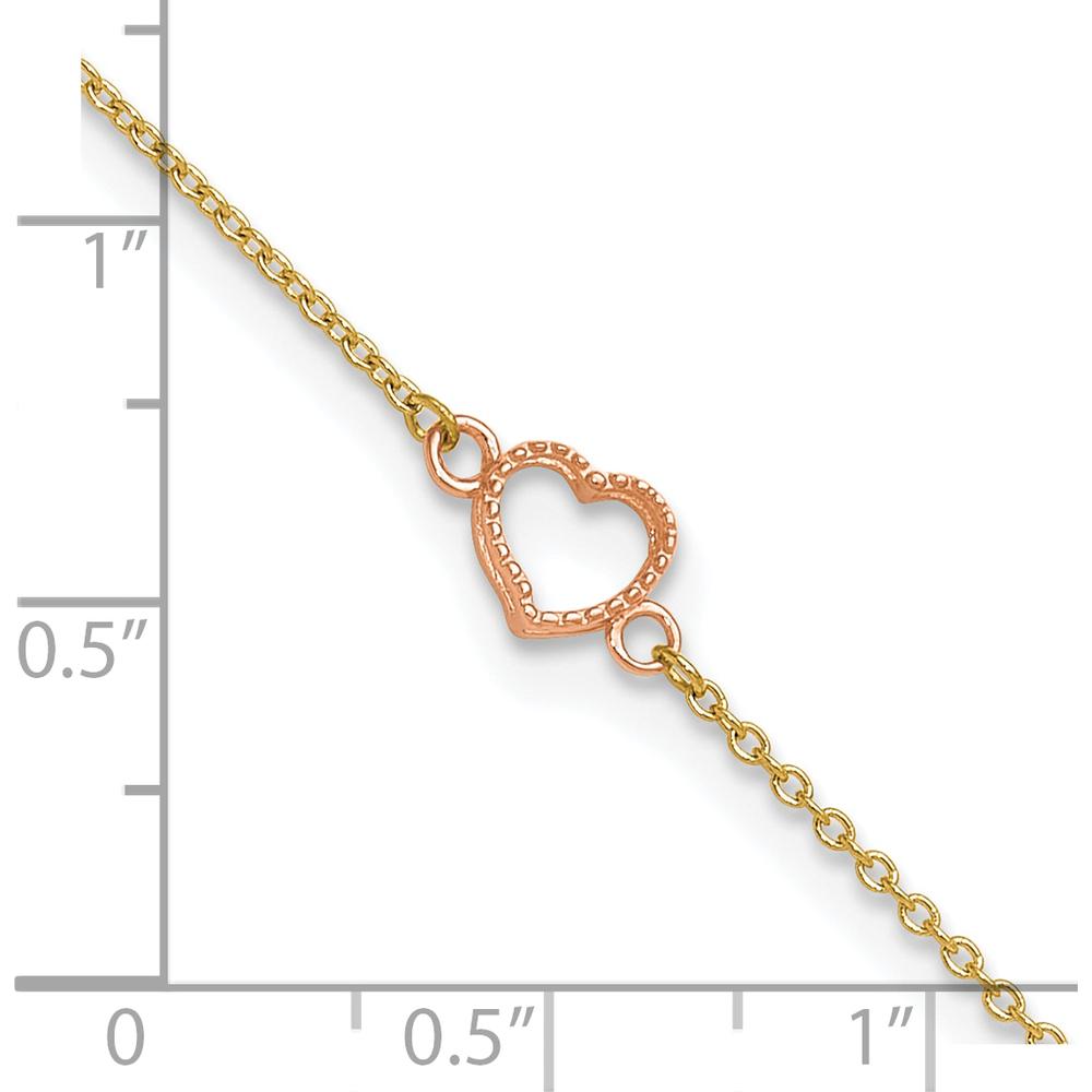 14K Two-Tone Textured and Polished Open Heart Anklet with Adjustable 1" Extender - 10" Length