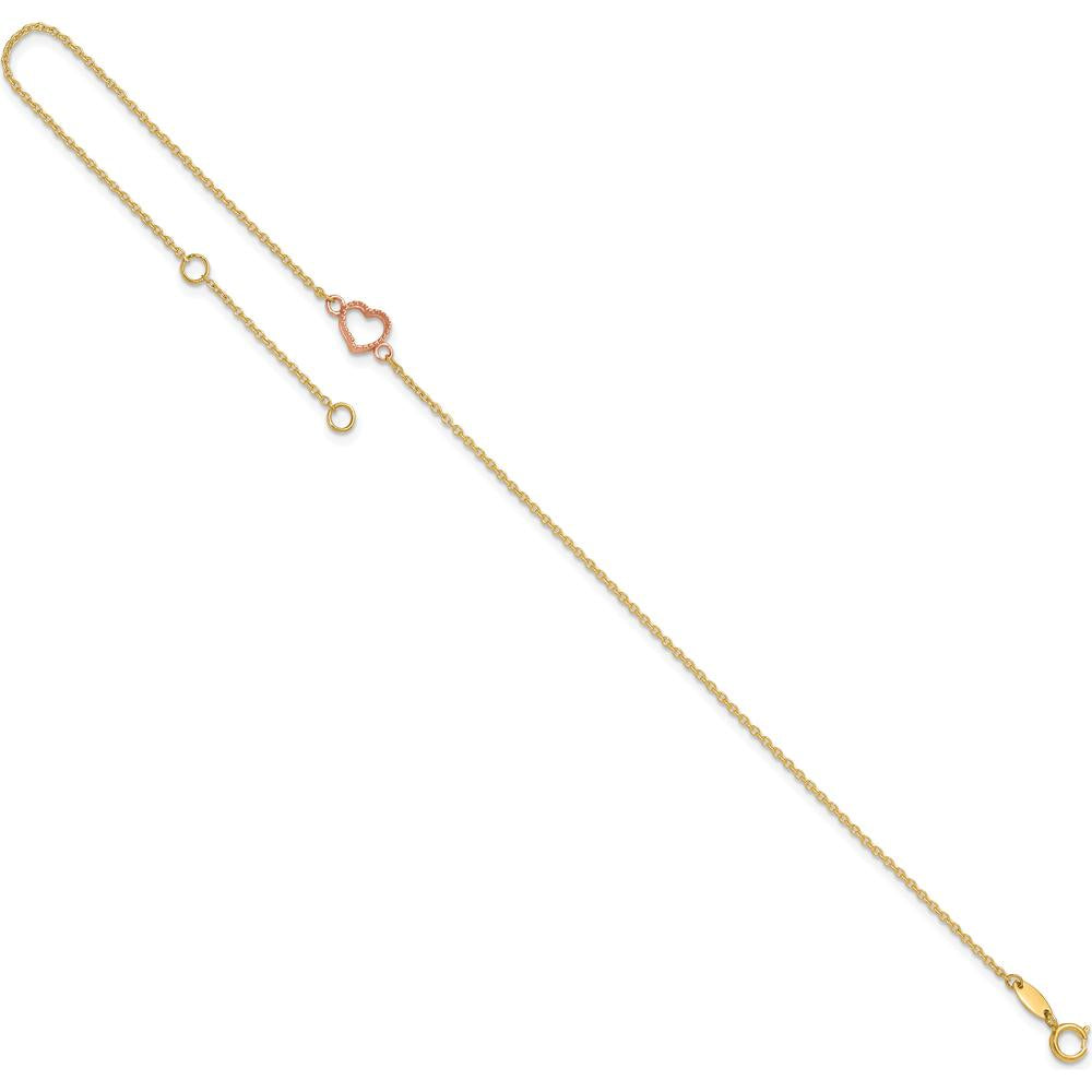 14K Two-Tone Textured and Polished Open Heart Anklet with Adjustable 1" Extender - 10" Length