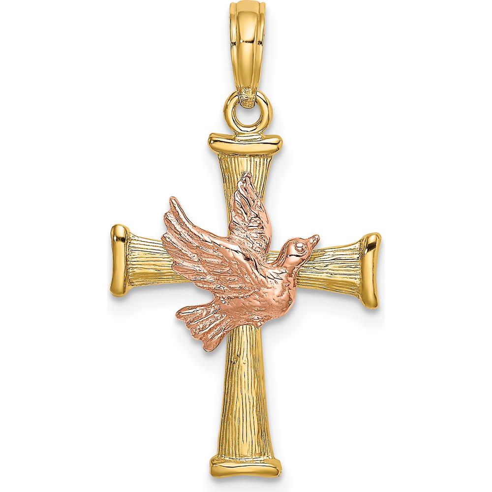 14K Two-Tone Textured Cross with Rose Gold Dove Charm - 27.95mm Length by Oro Pregiato