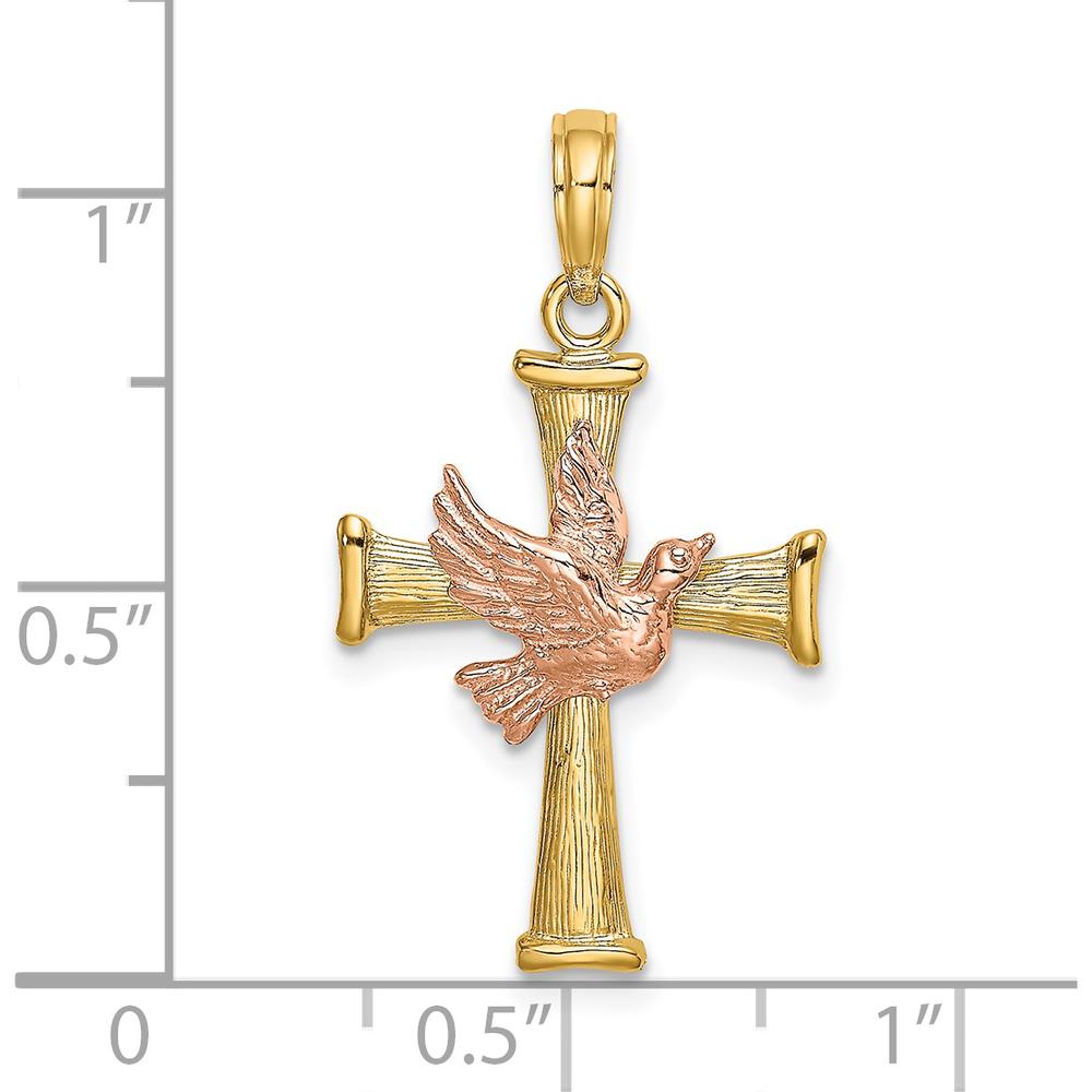 14K Two-Tone Textured Cross with Rose Gold Dove Charm - 27.95mm Length by Oro Pregiato