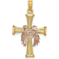 14K Two-Tone Textured Finish Cross Pendant with Draped Charm by Oro Pregiato