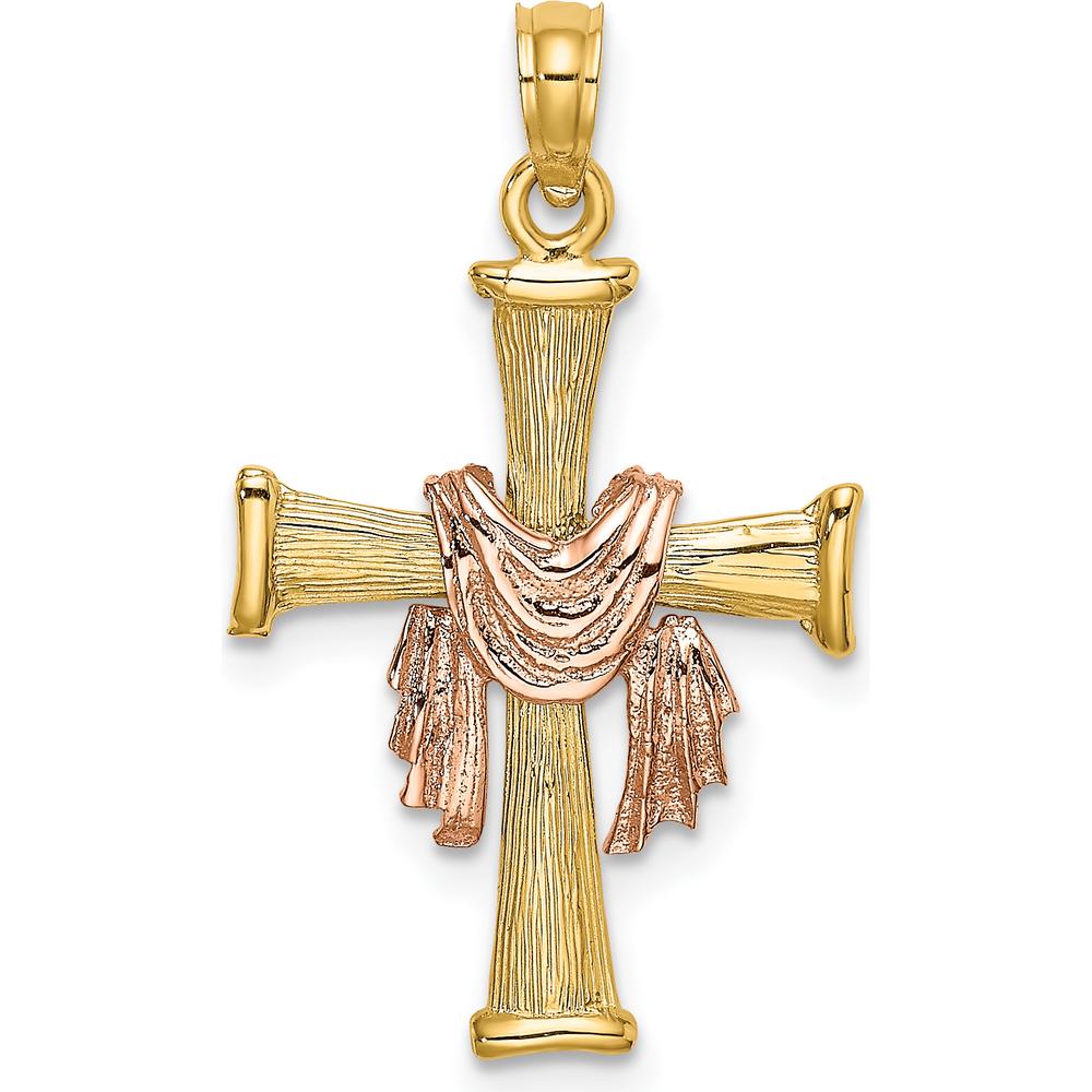 14K Two-Tone Textured Finish Cross Pendant with Draped Charm by Oro Pregiato