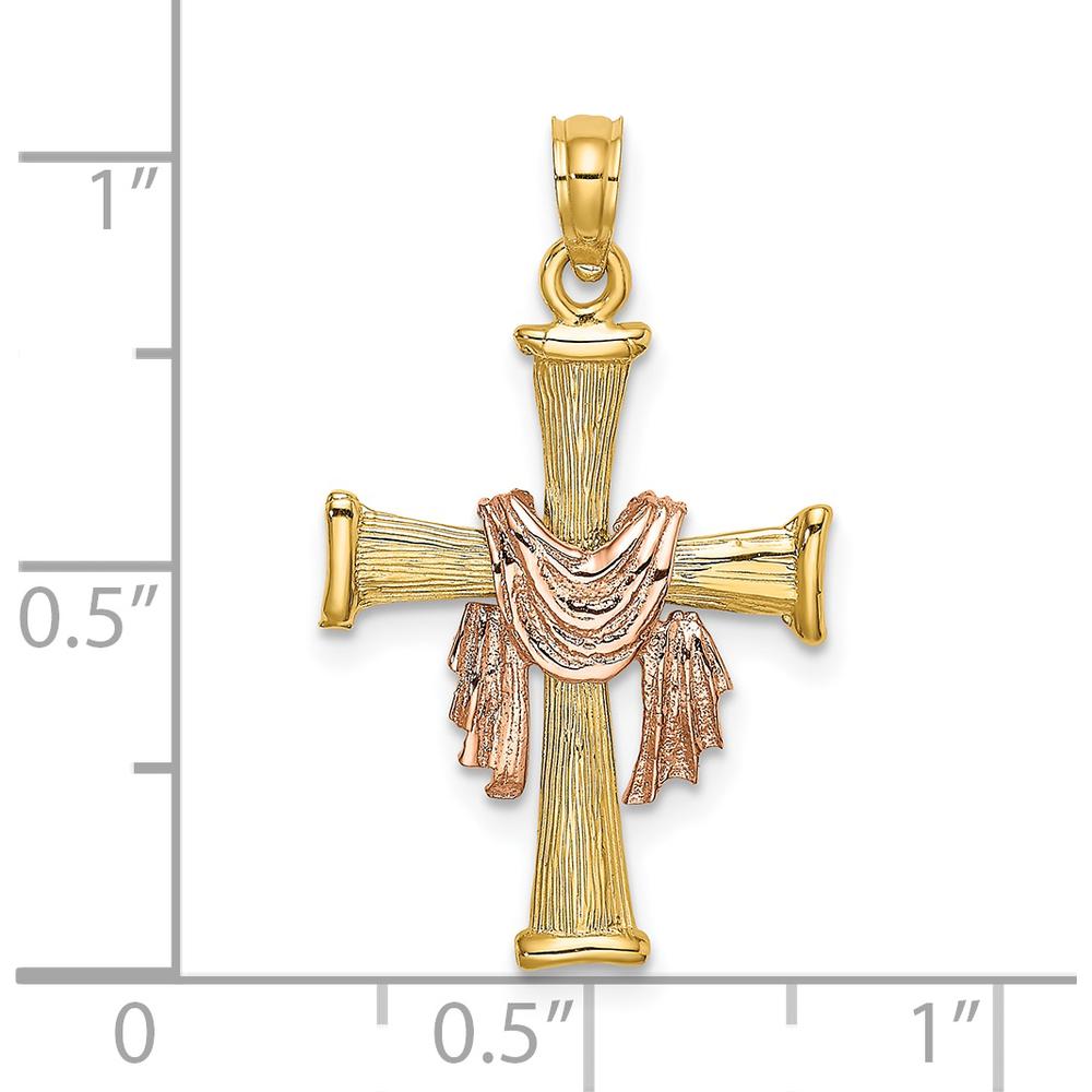 14K Two-Tone Textured Finish Cross Pendant with Draped Charm by Oro Pregiato