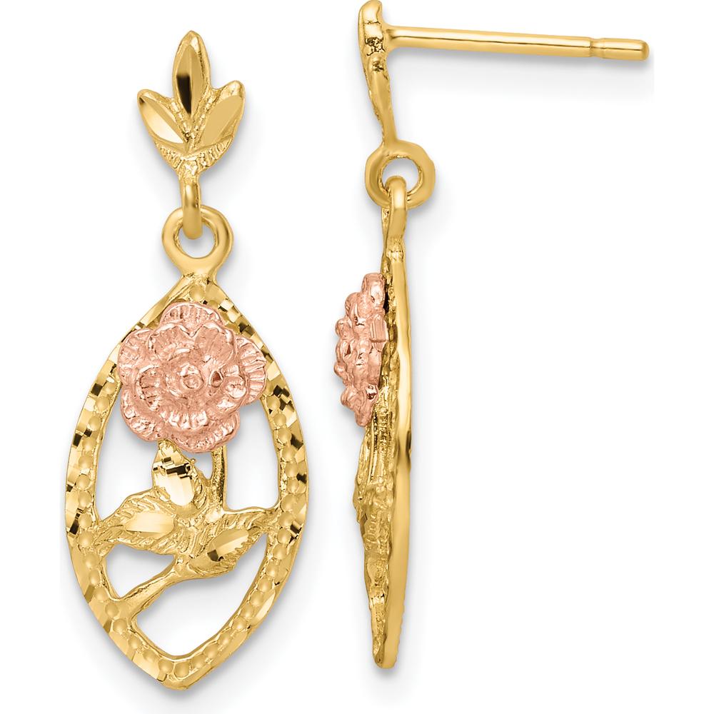 14K Two-Tone Textured Flower Post Dangle Earrings - 23.1mm Length by 0