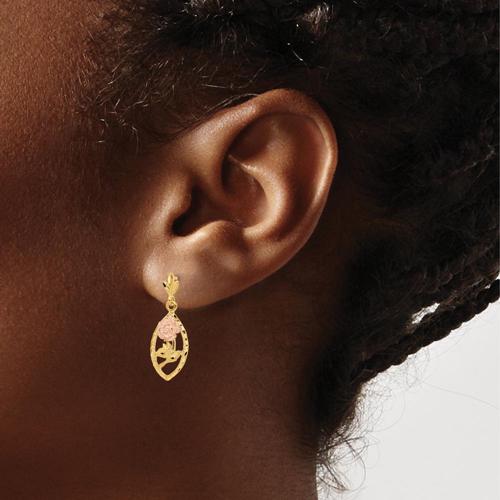 14K Two-Tone Textured Flower Post Dangle Earrings - 23.1mm Length by 0