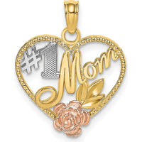 14K Two-Tone Textured Heart Charm with #1 Mom Design and Rose Accent by Oro Pregiato