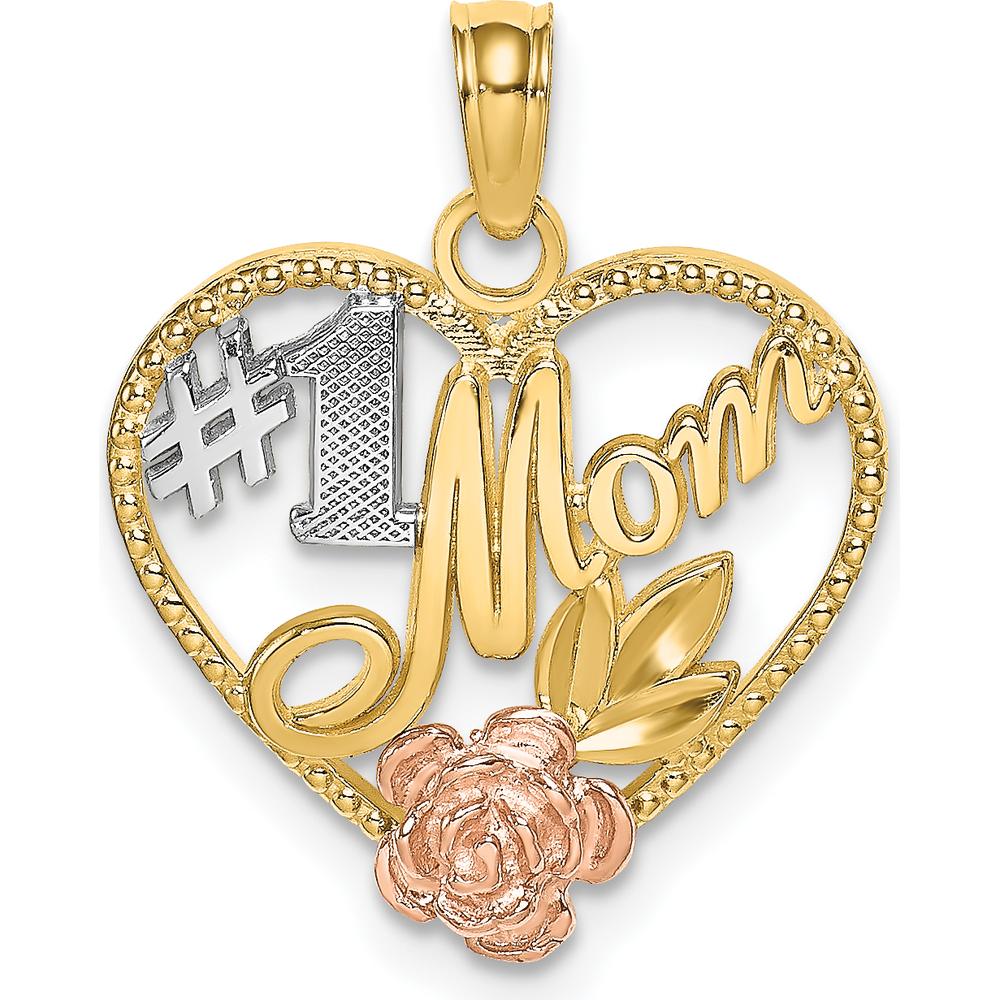 14K Two-Tone Textured Heart Charm with #1 Mom Design and Rose Accent by Oro Pregiato