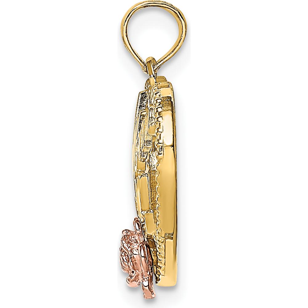 14K Two-Tone Textured Heart Charm with #1 Mom Design and Rose Accent by Oro Pregiato