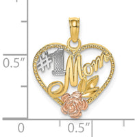 14K Two-Tone Textured Heart Charm with #1 Mom Design and Rose Accent by Oro Pregiato