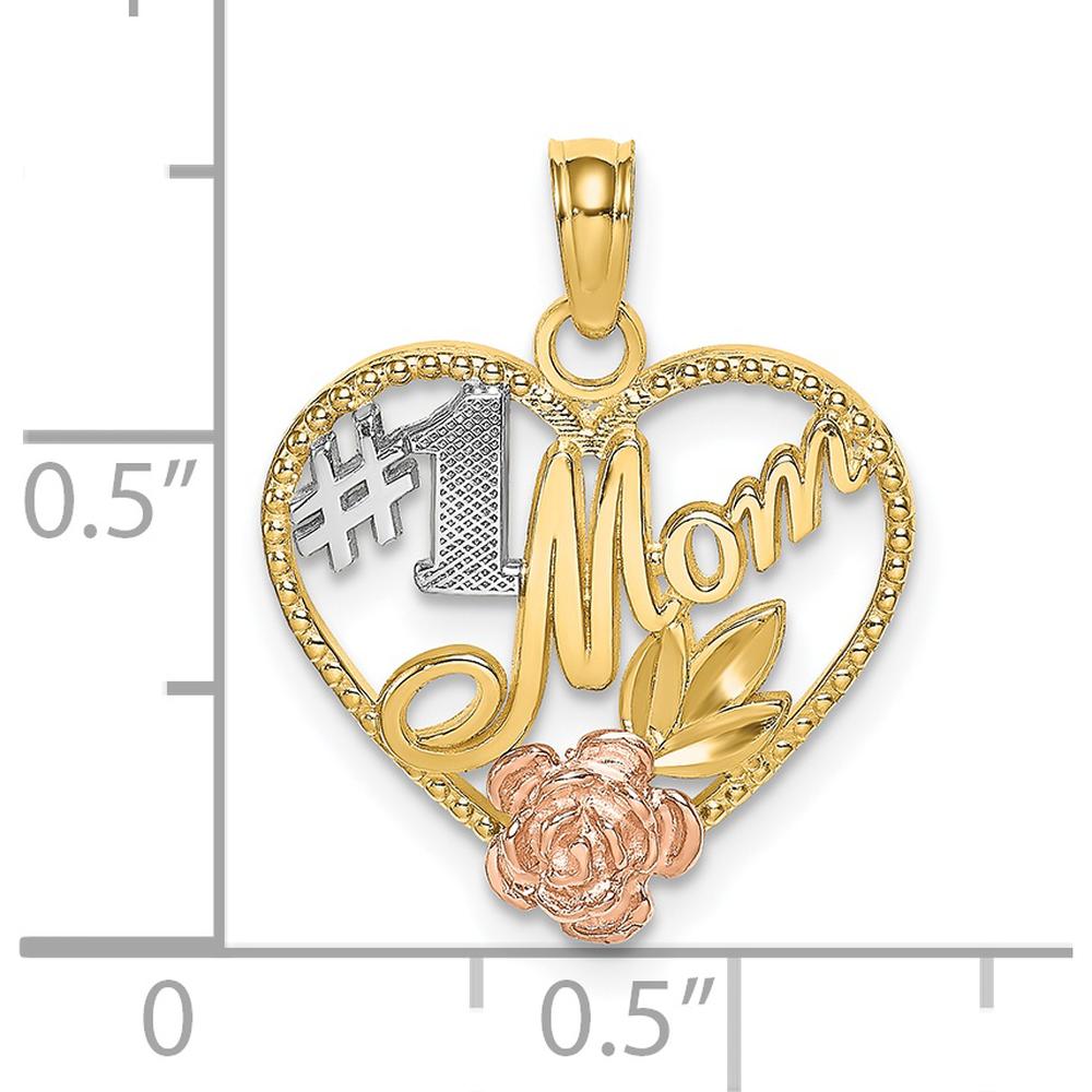 14K Two-Tone Textured Heart Charm with #1 Mom Design and Rose Accent by Oro Pregiato