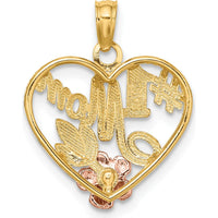 14K Two-Tone Textured Heart Charm with #1 Mom Design and Rose Accent by Oro Pregiato