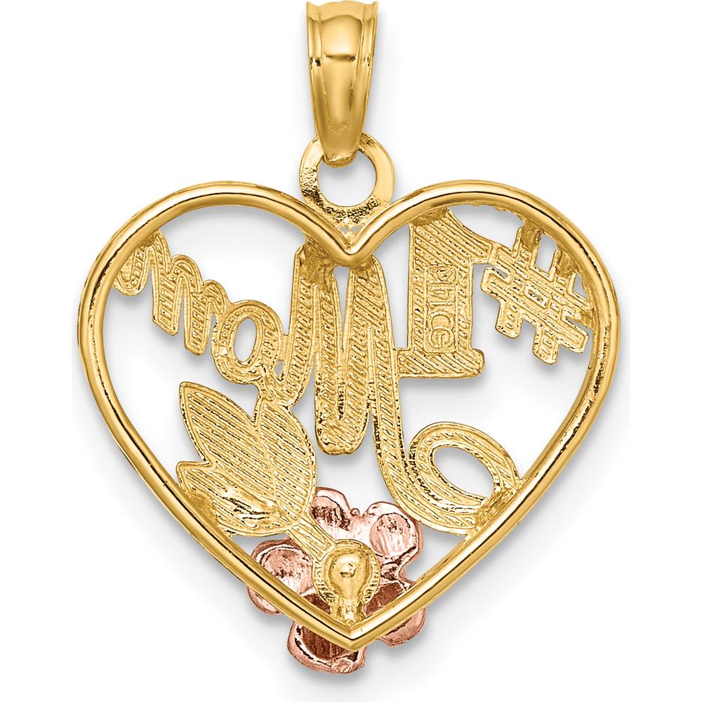 14K Two-Tone Textured Heart Charm with #1 Mom Design and Rose Accent by Oro Pregiato
