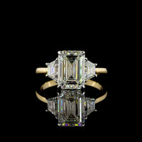 14K Two Tone Three Stone Ring with 3.05 Carat Emerald Cut Lab Diamond and 0.71 Carat Trapezoid Side Stones - 3.76 Carat Total Diamond Weight, IGI Certified E VVS2 - Covaloro Fine Jewelry