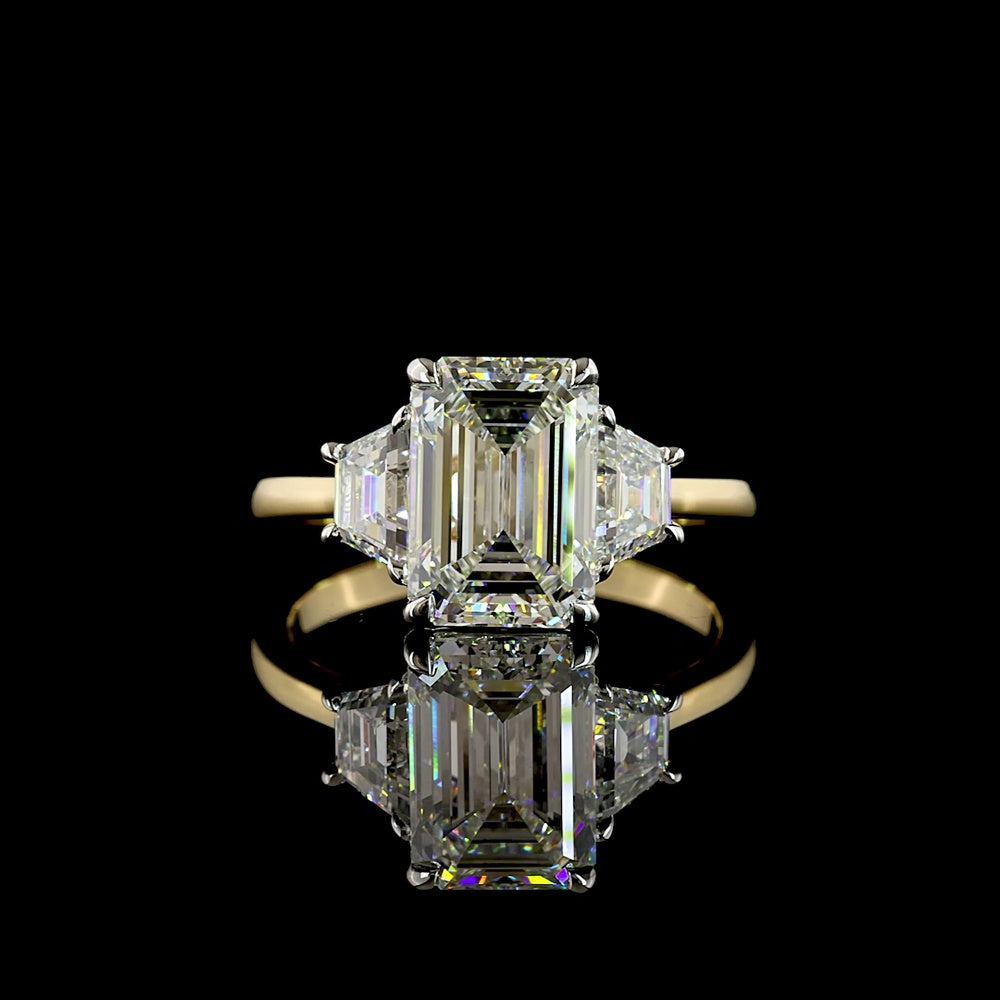 14K Two Tone Three Stone Ring with 3.05 Carat Emerald Cut Lab Diamond and 0.71 Carat Trapezoid Side Stones - 3.76 Carat Total Diamond Weight, IGI Certified E VVS2 - Covaloro Fine Jewelry