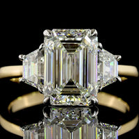 14K Two Tone Three Stone Ring with 3.05 Carat Emerald Cut Lab Diamond and 0.71 Carat Trapezoid Side Stones - 3.76 Carat Total Diamond Weight, IGI Certified E VVS2 - Covaloro Fine Jewelry