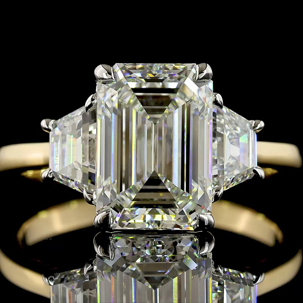 14K Two Tone Three Stone Ring with 3.05 Carat Emerald Cut Lab Diamond and 0.71 Carat Trapezoid Side Stones - 3.76 Carat Total Diamond Weight, IGI Certified E VVS2 - Covaloro Fine Jewelry