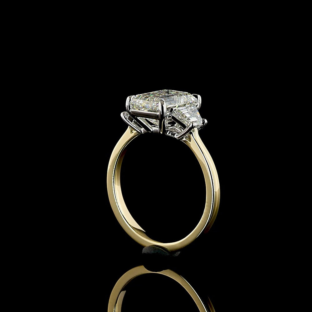 14K Two Tone Three Stone Ring with 3.05 Carat Emerald Cut Lab Diamond and 0.71 Carat Trapezoid Side Stones - 3.76 Carat Total Diamond Weight, IGI Certified E VVS2 - Covaloro Fine Jewelry