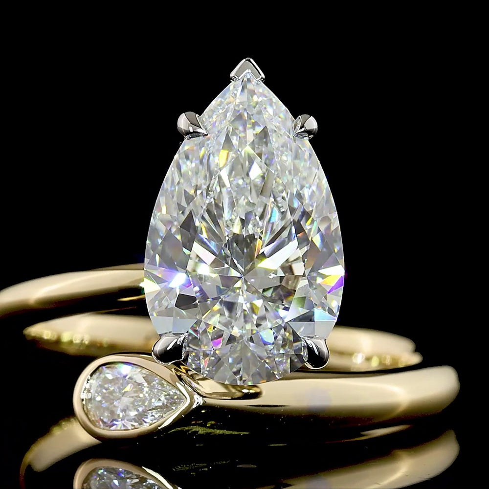 14K Two Tone Toi et Moi Ring with 2.48 Carats Lab Grown Pear Shape Diamonds in Bezel and Prong Settings - Covaloro Fine Jewelry