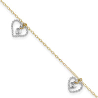 14K Two-Tone Twisted Diamond-cut Heart Anklet with 1" Extender - Adjustable Length 10"