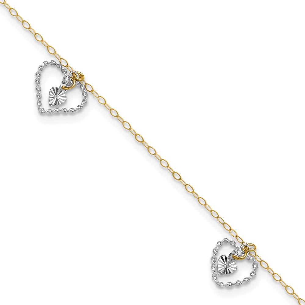 14K Two-Tone Twisted Diamond-cut Heart Anklet with 1" Extender - Adjustable Length 10"