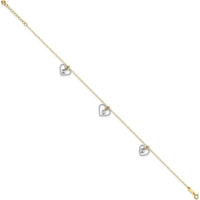 14K Two-Tone Twisted Diamond-cut Heart Anklet with 1" Extender - Adjustable Length 10"