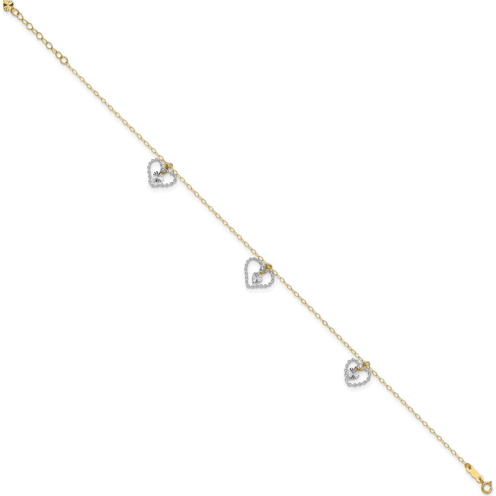 14K Two-Tone Twisted Diamond-cut Heart Anklet with 1" Extender - Adjustable Length 10"