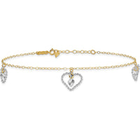 14K Two-Tone Twisted Diamond-cut Heart Anklet with 1" Extender - Adjustable Length 10"