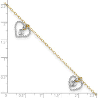14K Two-Tone Twisted Diamond-cut Heart Anklet with 1" Extender - Adjustable Length 10"