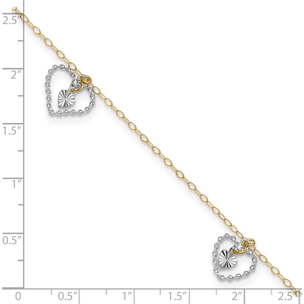 14K Two-Tone Twisted Diamond-cut Heart Anklet with 1" Extender - Adjustable Length 10"