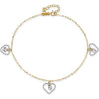 14K Two-Tone Twisted Diamond-cut Heart Anklet with 1" Extender - Adjustable Length 10"