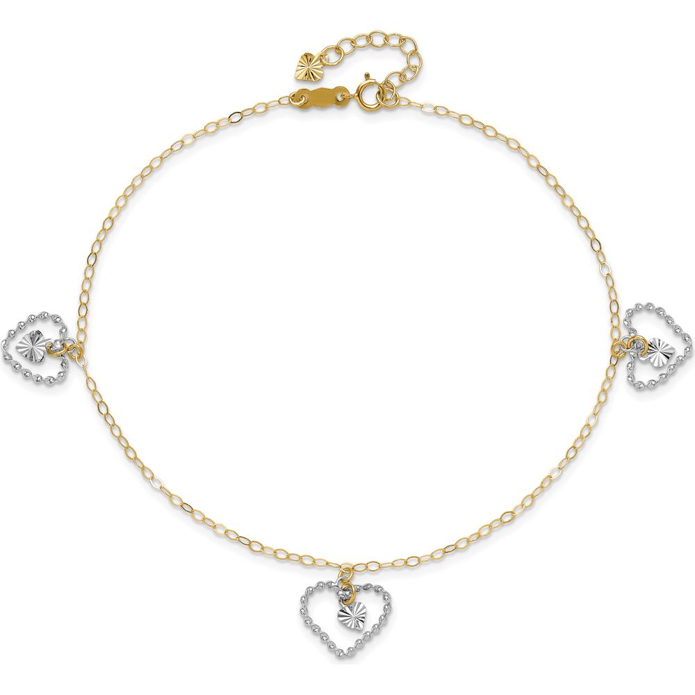14K Two-Tone Twisted Diamond-cut Heart Anklet with 1" Extender - Adjustable Length 10"