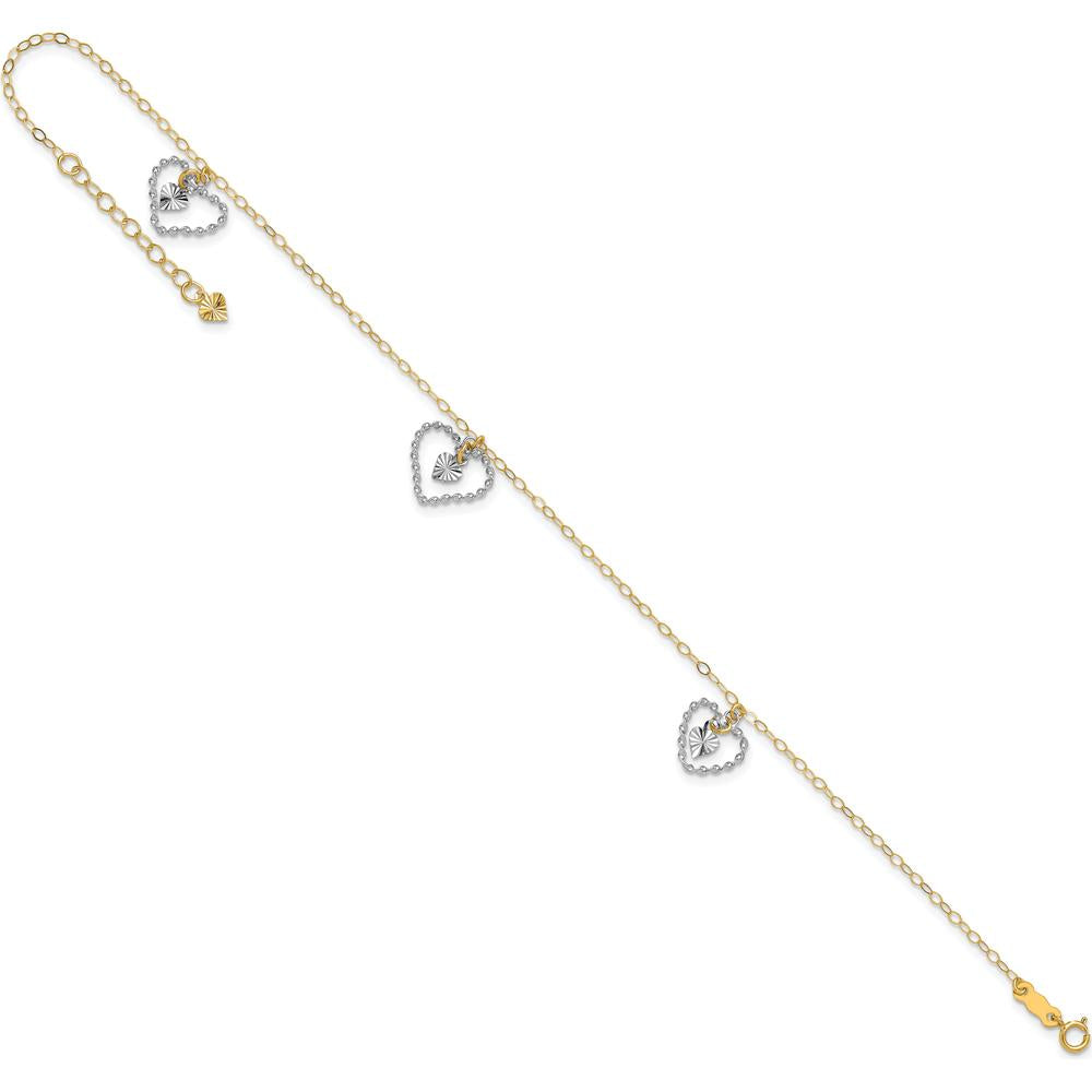 14K Two-Tone Twisted Diamond-cut Heart Anklet with 1" Extender - Adjustable Length 10"