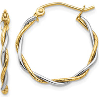 14K Two-Tone Twisted Hoop Earrings with Polished Finish - 16mm Length, 1.75mm Thickness by 0