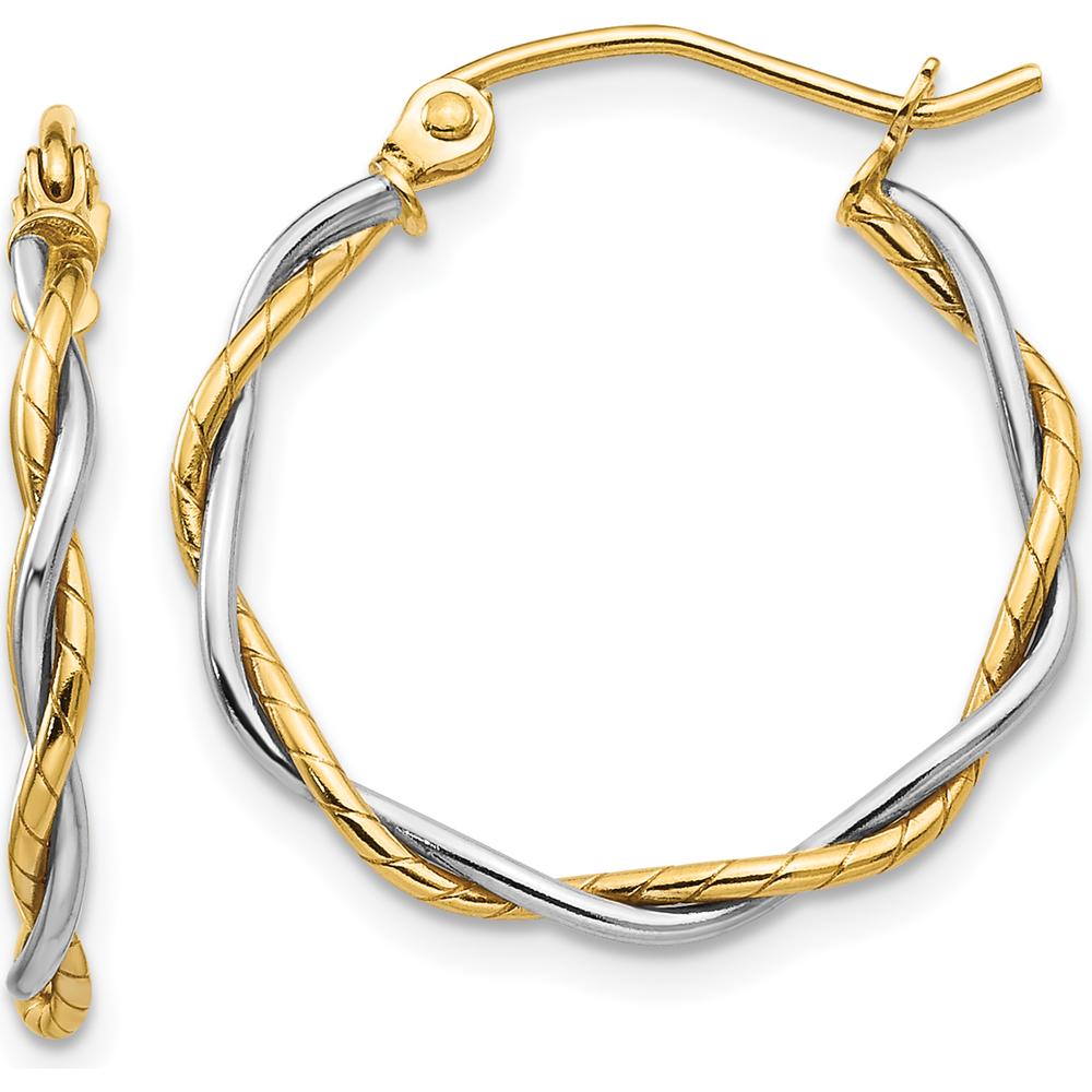 14K Two-Tone Twisted Hoop Earrings with Polished Finish - 16mm Length, 1.75mm Thickness by 0